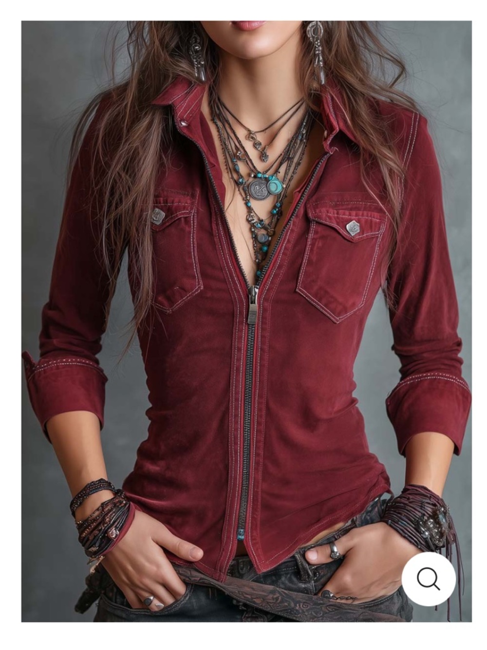 Futario Zip-up Collar Flap Pocket Distressed Denim Shirt